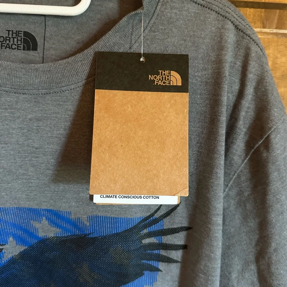 The North Face Gray Short-Sleeve Tee with Blue Eagle Graphic